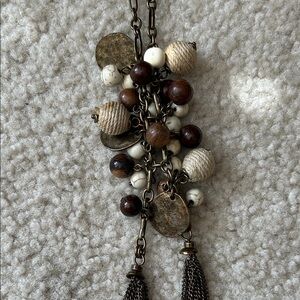 Anthropologie Neutral Bead & Coin Tassel Necklace in Antique Silver and Cream